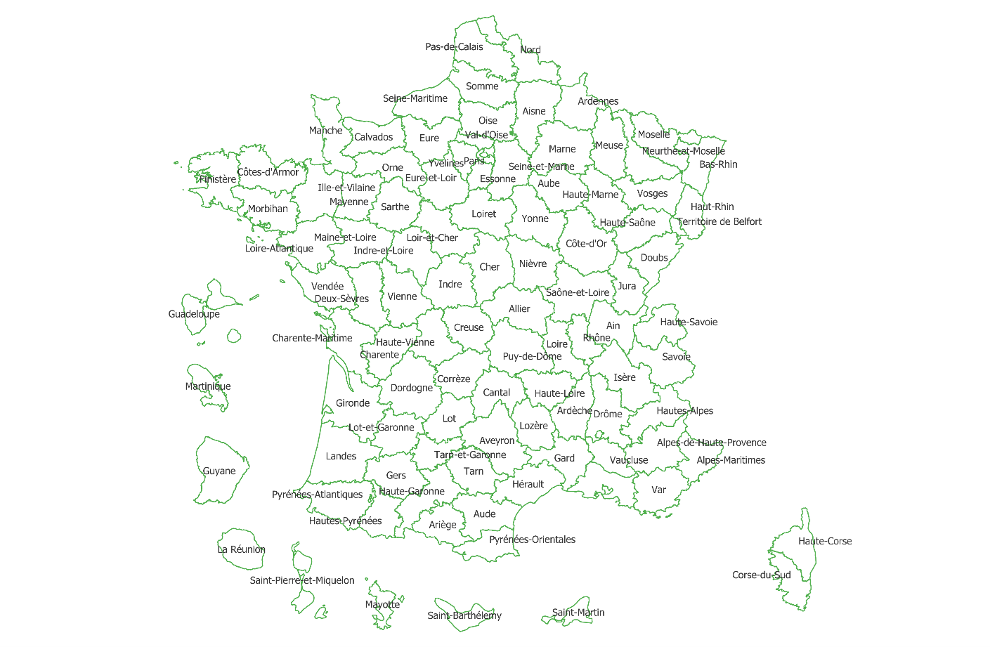 Image 4&nbsp;: Aperçu de la couche département du nouveau produit Admin Express COG CARTO_PLUS PE