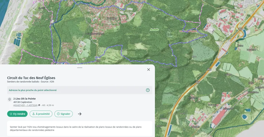 Consultation du circuit du Tuc des Neuf Églises via la couche Sentiers de randonnée balisés dans l’application mobile Cartes IGN