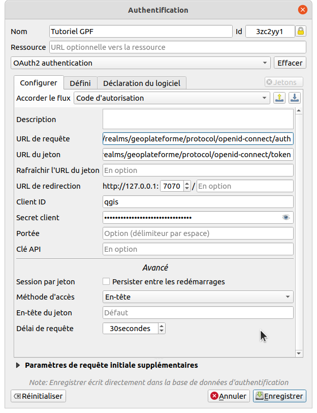 Clé OAUTH2 dans QGIS