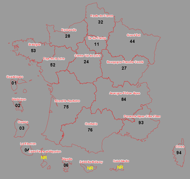 Image 5&nbsp;: Aperçu de la couche région du nouveau produit Admin Express COG CARTO_PLUS PE illustrant le cas où les collectivités d’outre-mer SPM, SB et SM ne possèdent pas légalement d’emprise régionale. Dans ce cas, pour offrir une cartographie complète sur chaque niveau, des géométries fictives ont été conservées et renseignées avec un code insee = NR