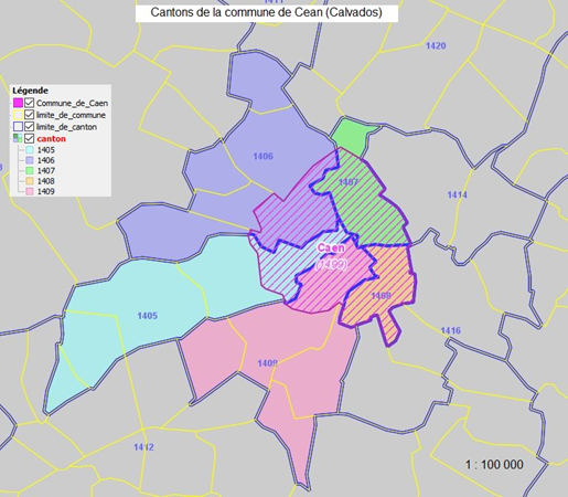 Image 3&nbsp;: Dans le prochain produit Admin Express v4 et dans la BD TOPO®, les contours officiels des cantons électoraux seront matérialisés. La commune de Caen (emprise hachurée magenta) est recouverte par les 5 cantons (05,06,07,08,09) en aplats de couleur.