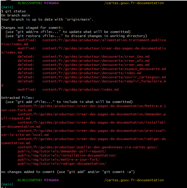 Image décrivant le résultat de la commande git status