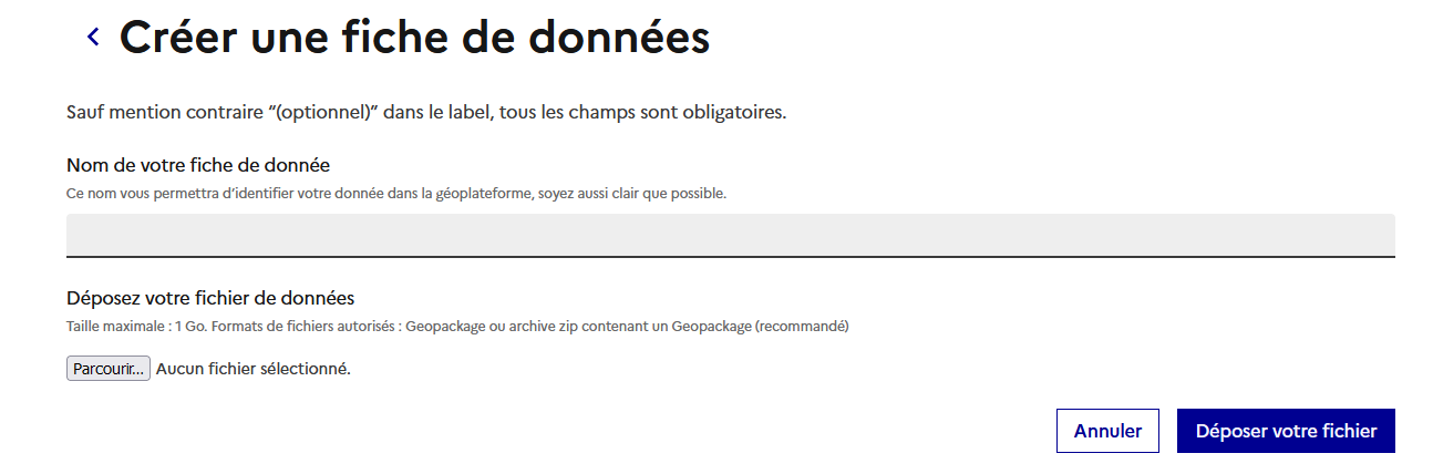 Image décrivant la première étape de création d’une fiche de données