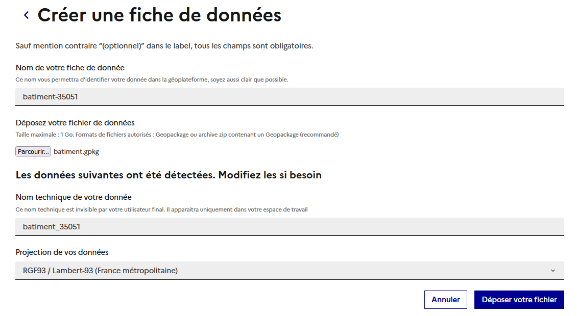 Image décrivant les informations complémentaires à renseigner lors de la création d’une fiche de données