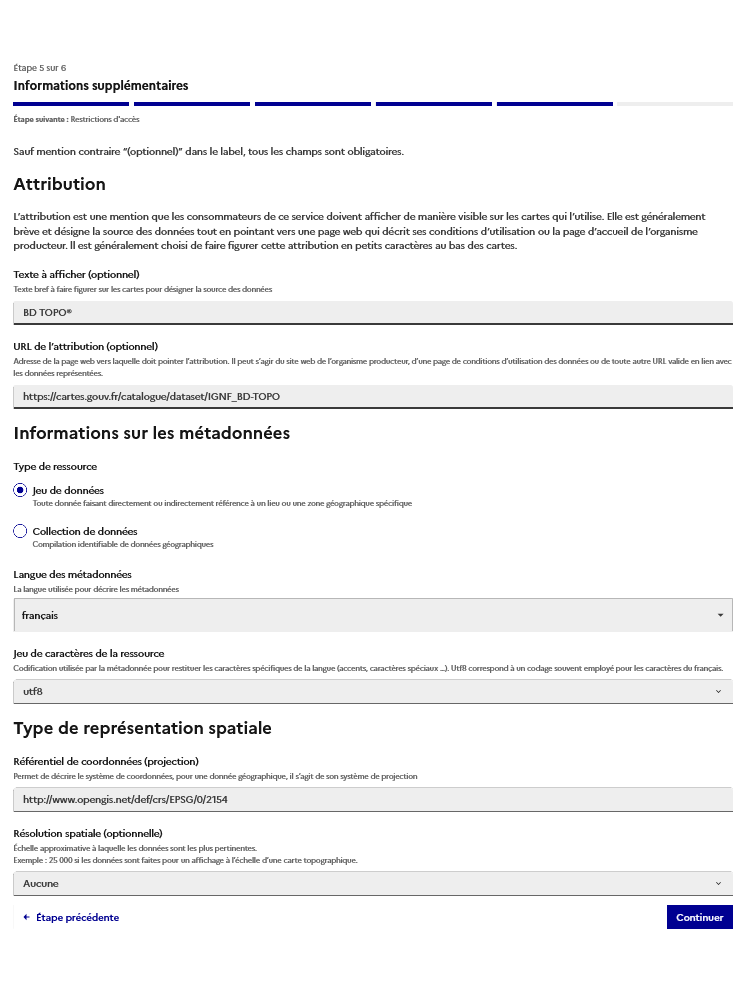 Attribution, informations sur les metadonnées et type de représentation spatiale