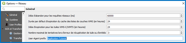 Localisation du champ User-Agent prefix dans les options réseau de QGIS