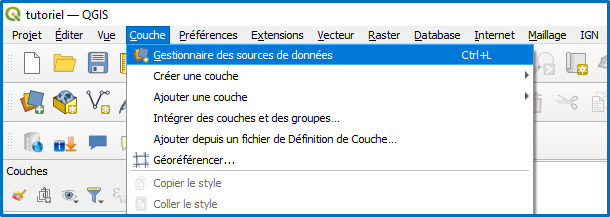 Ouverture du menu Couche > Gestionnaire des sources de données