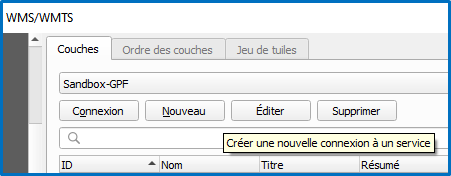 Haut de l’onglet Couches du type WMS-WMTS et localisation du bouton pour créer une nouvelle connexion à un service.