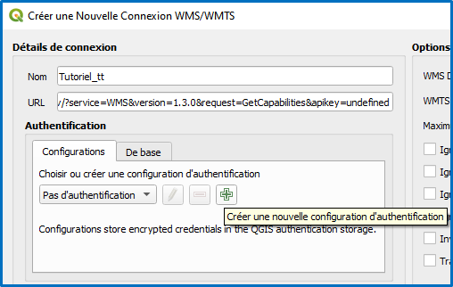 Formulaire de création d’une nouvelle connexion avec un champ nom et un champ URL suivi de paramètres d’authentification.