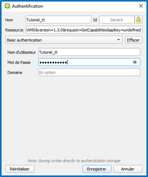 Formulaire de définition des paramètres d’authentification BASIC : nom d’utilisateur et mot de passe.