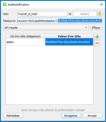 Formulaire de configuration d’une authentification de type API Header dans QGIS, rempli avec une clé nommée apikey.