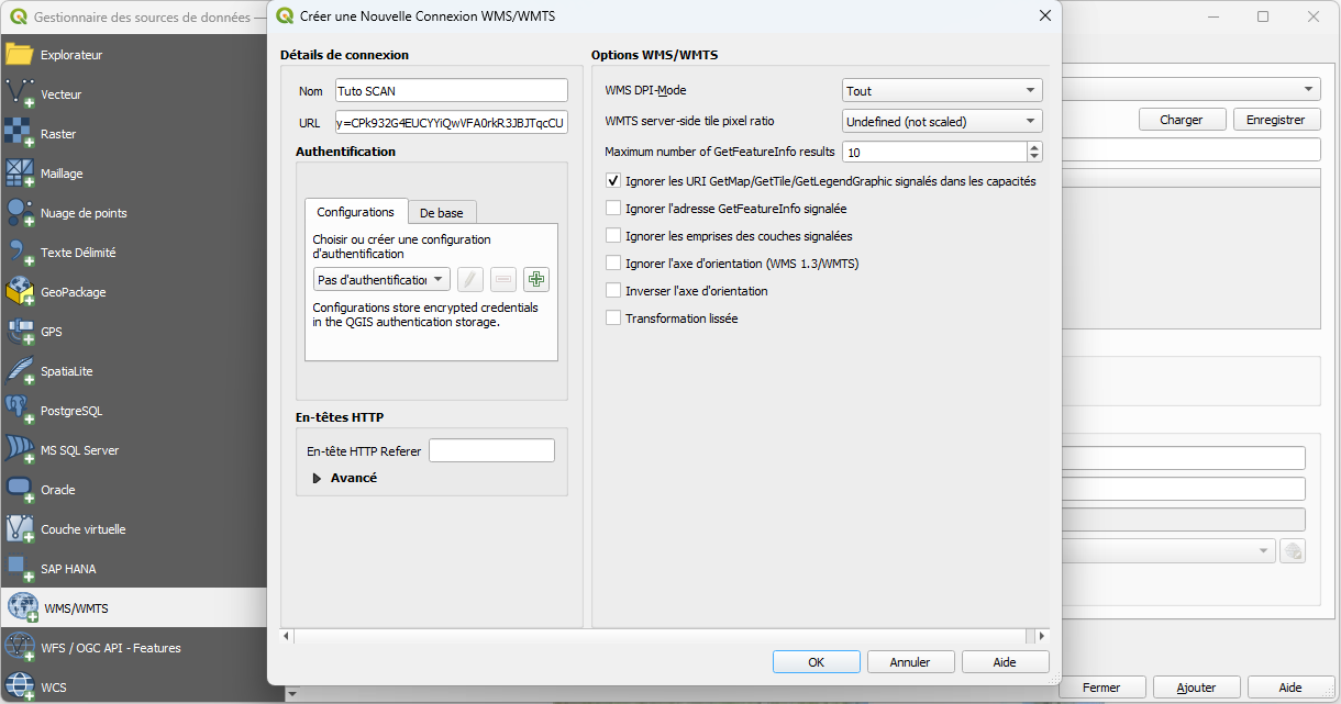 Formulaire de configuration d’une nouvelle connexion dans QGIS, rempli avec une clé nommée apikey.