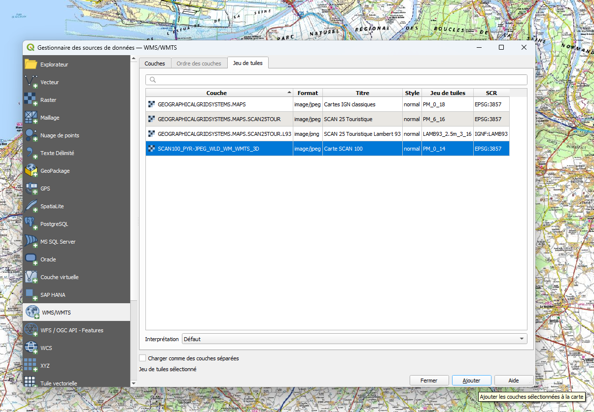 Liste des couches disponibles à l’ajout