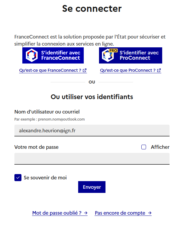Image décrivant la fenêtre de connexion Géoplateforme
