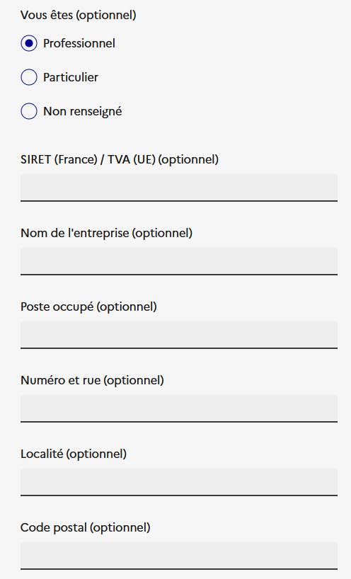 Image décrivant la fenêtre pour compléter ses informations professionnelles