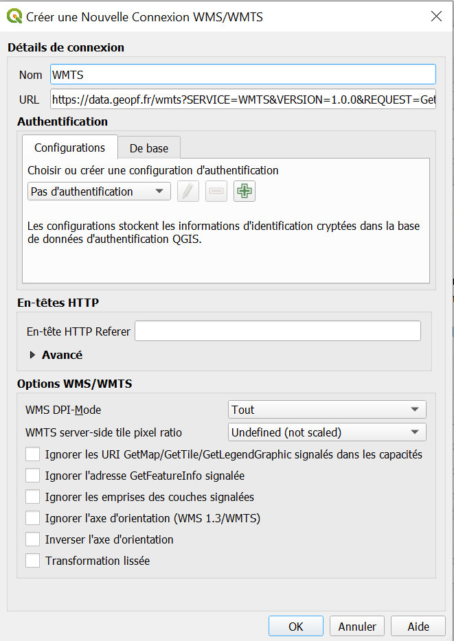Créer une Nouvelle Connexion - WMTS