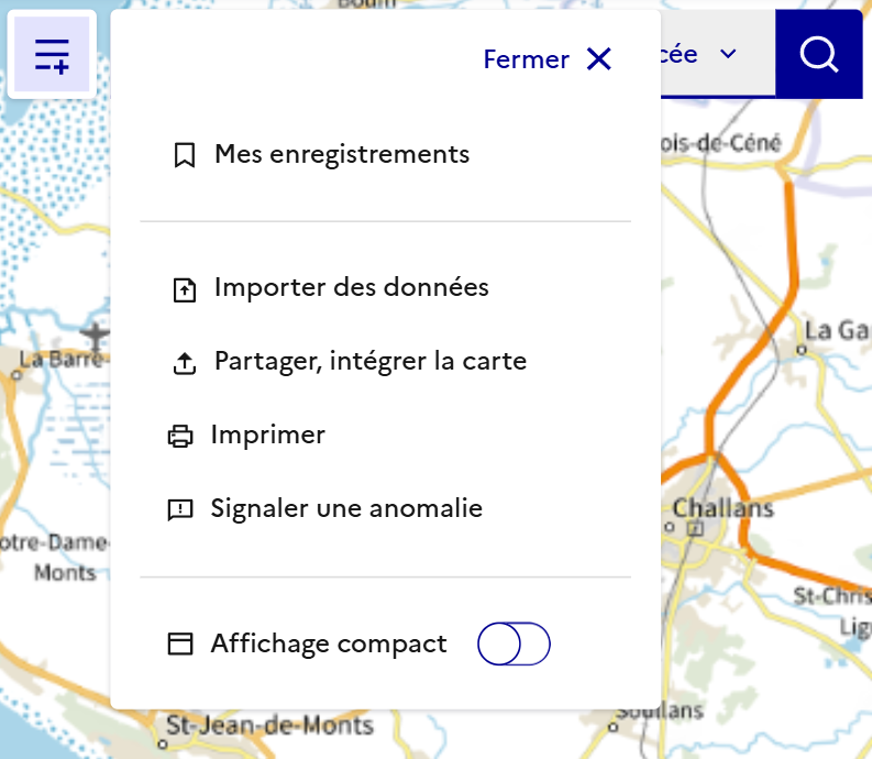 Options du menu « Accéder à d’autres outils » : « Mes enregistrements », « Importer des données », « Partager, intégrer la carte », « Imprimer », « Signaler une anomalie », « Affichage compact »