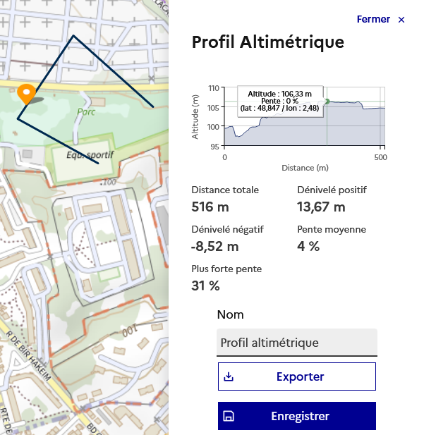 Résultat du calcul du profil altimétrique