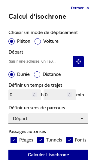 Panneau de l’outil « Calculer une zone selon un temps de trajet »