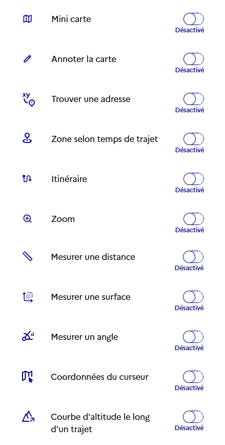 Image décrivant les outils personnalisables : mini carte, annoter la carte, trouver une adresse, zone selon temps de trajet, itinéraire, zoom, mesurer une distance, mesure une surface, mesurer un angle, coordonnées du curseur et profil altimétrique