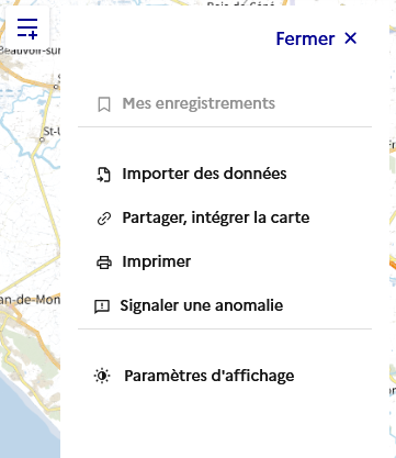 Image décrivant ce que propose le menu cartes : Mes enregistrements, importer des données, Partager la carte, Imprimer la carte, Signaler une anomalie, Paramètres d’affichage
