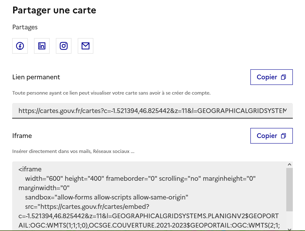Image décrivant les options pour partager une carte