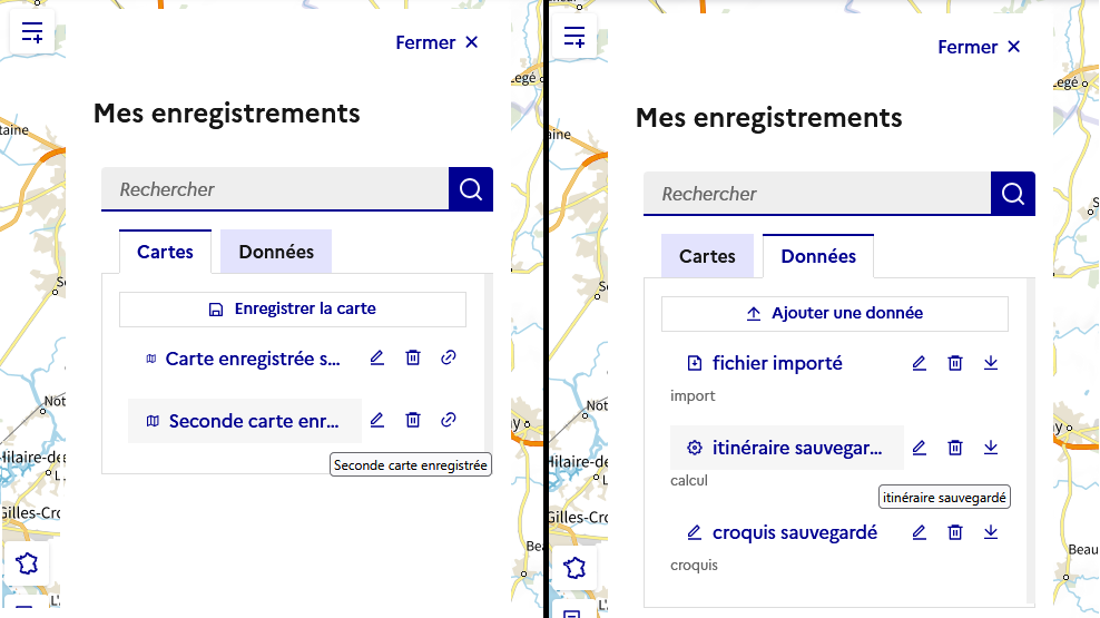 Liste des cartes et données sauvegardées par l’utilisateur
