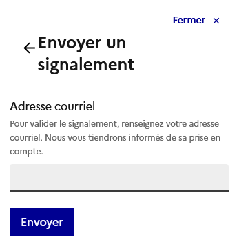 Modale pour renseigner son courriel et finaliser le signalement