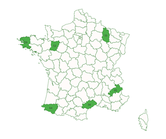 Carte des départements pour lesquels des jeux tests du thème végétation ont été produits