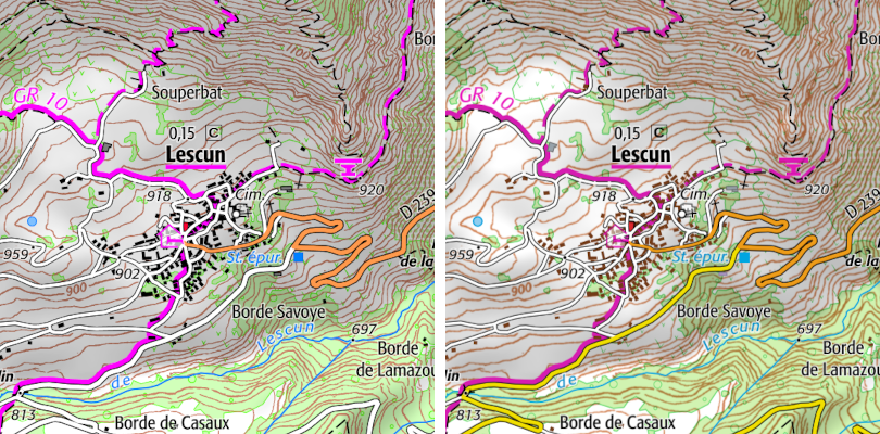 Comparatif entre l’ancienne légende du SCAN&nbsp;25® (à gauche) et la nouvelle légende aujourd’hui utilisée (à droite) sur la commune de Lescun (64)
