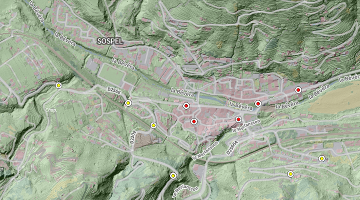 Réseau de nivellement, CoSIA et MNT issu du LiDAR HD - Sospel (04)